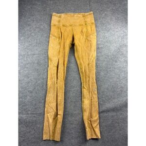 Lululemon High Rise Leggings Crinkle Wash Gold Yellow Side Pockets Size 4 25"
